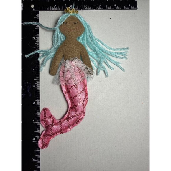 Mermaid Doll Christmas Ornament W Pink Sequin Tail Blue Yarn Hair & Gold Crown - Picture 4 of 4
